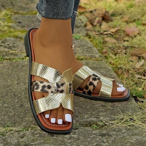 Women's Flat Sandals Square Toe Slip On Summer Beach Vacation Comfortable Casual Slide Sandals Fashion Trendy in Saudi Arabia