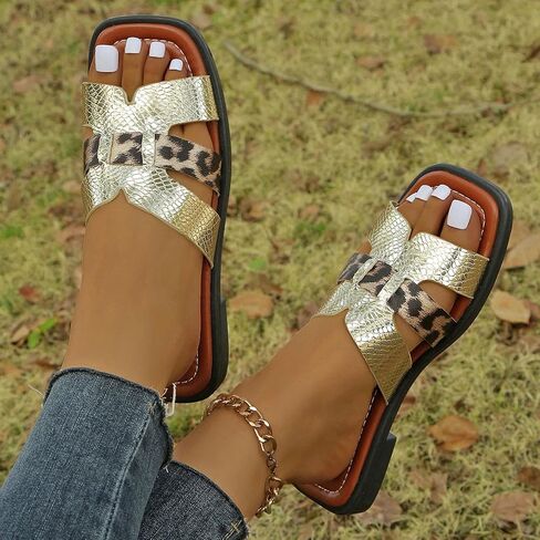 Women's Flat Sandals Square Toe Slip On Summer Beach Vacation Comfortable Casual Slide Sandals Fashion Trendy in Saudi Arabia