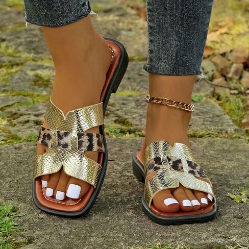 Women's Flat Sandals Square Toe Slip On Summer Beach Vacation Comfortable Casual Slide Sandals Fashion Trendy in Saudi Arabia