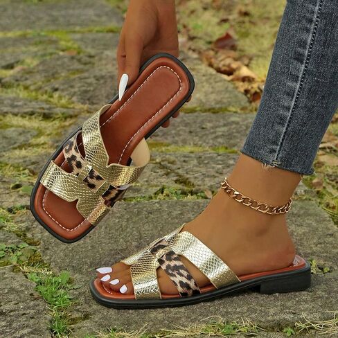 Women's Flat Sandals Square Toe Slip On Summer Beach Vacation Comfortable Casual Slide Sandals Fashion Trendy in Saudi Arabia