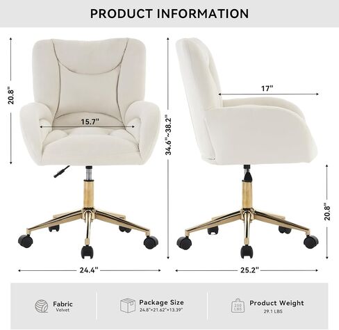FOXHUNTER Vanity Chair with Ergonomic Back & Wheels, 360° Swivel Accent Chair, Adjustable Height Home Office Chair for Living Room, Bedroom（Velvet Pink） in Saudi Arabia