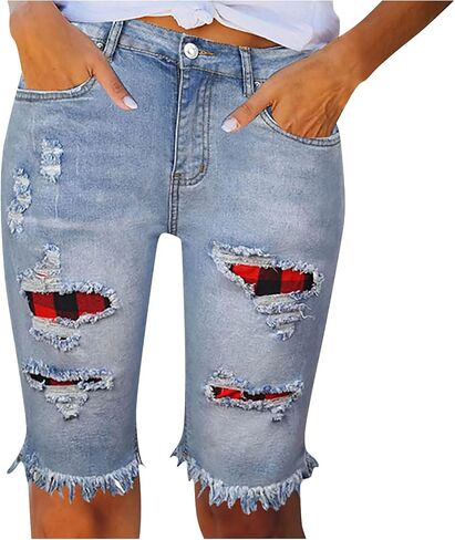 Women Distressed Washed Denim Jean Short Ripped Knee Lenght Denim Shorts Mid Waist Stretchy Frayed Jean Shorts in Kuwait