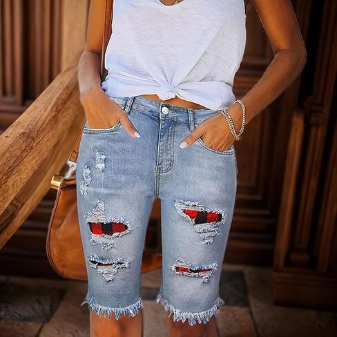 Women Distressed Washed Denim Jean Short Ripped Knee Lenght Denim Shorts Mid Waist Stretchy Frayed Jean Shorts in Kuwait