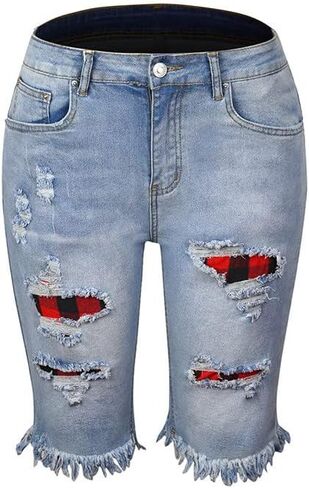 Women Distressed Washed Denim Jean Short Ripped Knee Lenght Denim Shorts Mid Waist Stretchy Frayed Jean Shorts in Kuwait