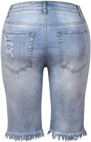 Women Distressed Washed Denim Jean Short Ripped Knee Lenght Denim Shorts Mid Waist Stretchy Frayed Jean Shorts in Kuwait