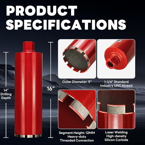 Premium 2 1/2" Wet Core Drill Bit for Hard Concrete with High-Density Diamond, Precision-Welded Segments, 1-1/4"-7 UNC x 14" Depth, Industrial Grade for Concrete Rebar, Brick, Masonry, Asphalt in Kuwait