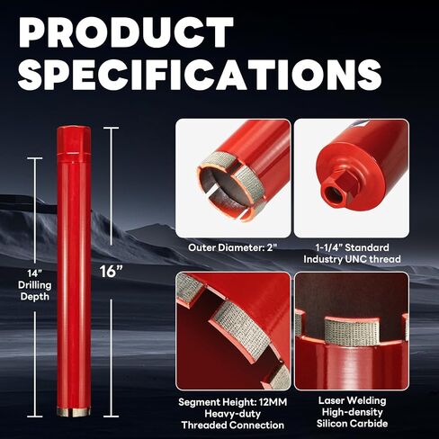 Premium 2 1/2" Wet Core Drill Bit for Hard Concrete with High-Density Diamond, Precision-Welded Segments, 1-1/4"-7 UNC x 14" Depth, Industrial Grade for Concrete Rebar, Brick, Masonry, Asphalt in Kuwait