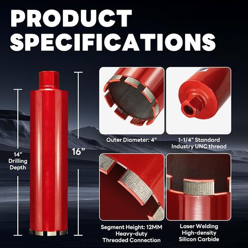 Premium 2 1/2" Wet Core Drill Bit for Hard Concrete with High-Density Diamond, Precision-Welded Segments, 1-1/4"-7 UNC x 14" Depth, Industrial Grade for Concrete Rebar, Brick, Masonry, Asphalt in Kuwait