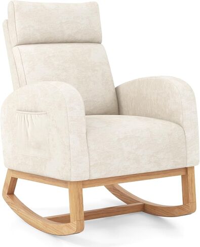 Giantex Rocking Chair Nursery, Upholstered Chenille Rocker Chair w/Side Pocket, Natural Rubber Wood Frame, High Back, Modern Nursery Glider Armchair for Living Room, Bedroom in Saudi Arabia