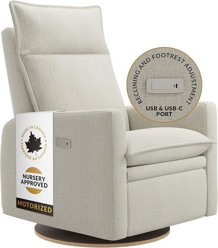 Arya Modern Nursery Chair Glider Recliner with 180° Swivel - Cozy Motorized Reclining Nursing Chair with USB Ports, Gentle Motion, Ergonomic Design, Canadian-Made (Ivory/Nubia Fabric) in Kuwait