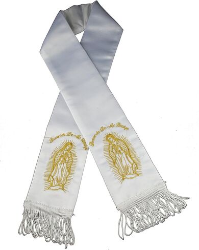 White Satin Stole Sash Baptism Christening Embroidered Virgin Maria in Gold Silver in Saudi Arabia