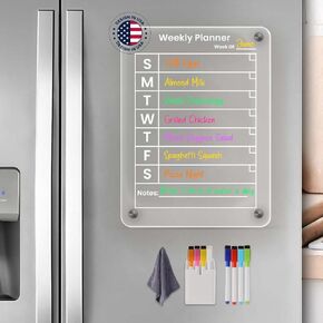 Magnetic Acrylic Board (12x16) for Fridge with Weekly Planner - Dry Erase Magnetic Board with Included 8 Easy-to-Clean Markers, Refrigerator Magnetic Scheduler, Meal Planner - (Black)
