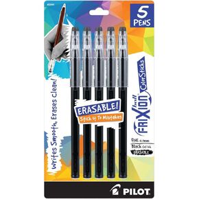Pilot, FriXion ColorSticks Erasable Gel Ink Pens, Fine Point 0.7 Mm, Pack of 5, Black