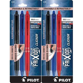 (2) Pilot Frixion Clicker Erasable Pen Black, Blue and Red Gel ink. 3 pack Bold, 1.0 mm, 11393