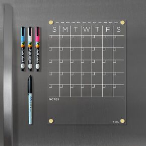 Magnetic Acrylic Month/Notes Calendar for Fridge, Includes 4 Magnetic Wet-Erase Markers for Refrigerator, 9" X 12"