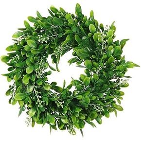 Artificial Green Leaves Wreath - 11 inch Artificial Boxwood Wreaths with White Flower for Window Wall Wedding Decor,1Pack