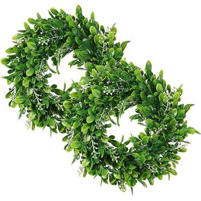 Artificial Green Leaves Wreath - 11 inch Artificial Boxwood Wreaths with White Flower for Window Wall Wedding Decor,1Pack