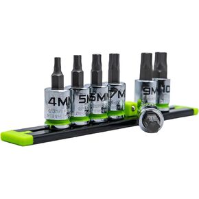 GRIPEDGE HEX Bit Socket Set | 7-PC - 3/8'' Drive Short Metric RPT Hex Driver Set | Sizes 4MM - 10MM | Made With S2 Steel | Includes Premium Aluminum Storage Rail |