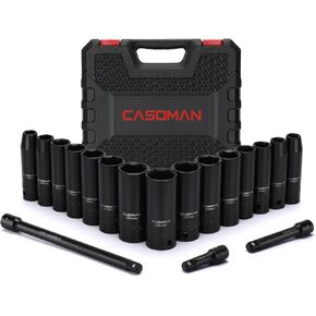 CASOMAN 18PCS 1/2" Drive Impact Socket Set, Deep, Cr-V Steel, Metric, 10mm-24mm, Includes Extension Bars:3-inch, 5-inch, 10-inch
