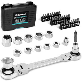 DURATECH 12-in-1 Flex-Head Ratcheting Wrench Set & 24-in-1 Screwdriver Set, Double Box End Wrench 8-19mm, 1/4" Drive Adapter with 24PCS Driver Bits, CR-V Steel, with Tool Box