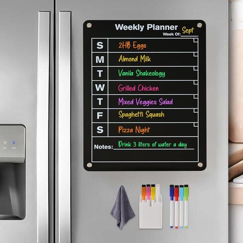 Magnetic Acrylic Board (12x16) for Fridge with Weekly Planner - Dry Erase Magnetic Board with Included 8 Easy-to-Clean Markers, Refrigerator Magnetic Scheduler, Meal Planner - (Black) in Saudi Arabia