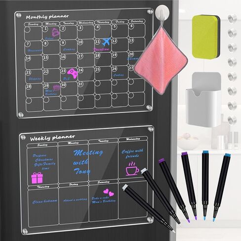تقويم مغناطيسي أكريليك للثلاجة شهريًا وأسبوعيًا، تقويم مغناطيسي للثلاجة، مجموعتان من تقويم السبورة البيضاء الشفاف القابل لإعادة الاستخدام مقاس 16 بوصة × 12 بوصة مع 6 علامات/حامل أقلام/ممحاة/منشفة/خطاف in Kuwait