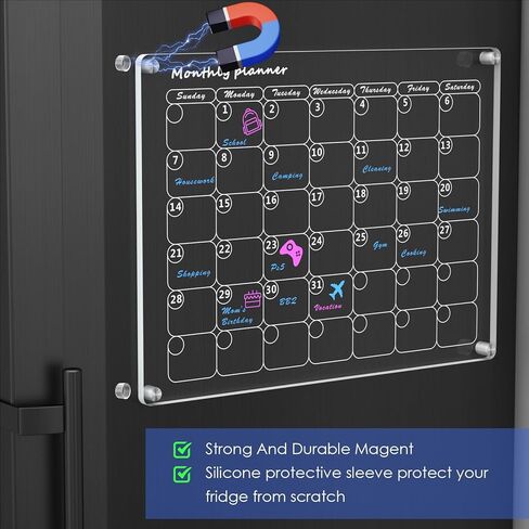 تقويم مغناطيسي أكريليك للثلاجة شهريًا وأسبوعيًا، تقويم مغناطيسي للثلاجة، مجموعتان من تقويم السبورة البيضاء الشفاف القابل لإعادة الاستخدام مقاس 16 بوصة × 12 بوصة مع 6 علامات/حامل أقلام/ممحاة/منشفة/خطاف in Kuwait