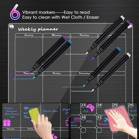تقويم مغناطيسي أكريليك للثلاجة شهريًا وأسبوعيًا، تقويم مغناطيسي للثلاجة، مجموعتان من تقويم السبورة البيضاء الشفاف القابل لإعادة الاستخدام مقاس 16 بوصة × 12 بوصة مع 6 علامات/حامل أقلام/ممحاة/منشفة/خطاف in Kuwait