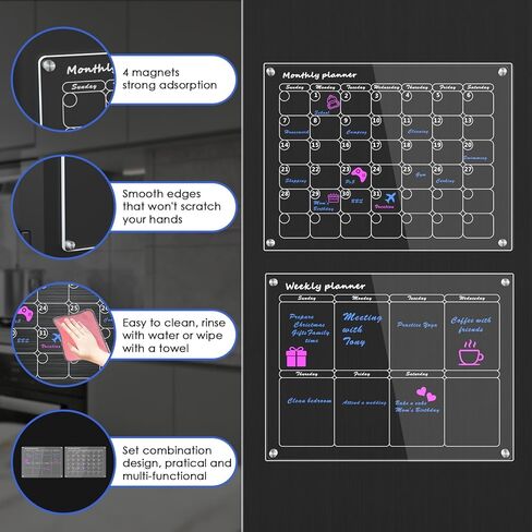 تقويم مغناطيسي أكريليك للثلاجة شهريًا وأسبوعيًا، تقويم مغناطيسي للثلاجة، مجموعتان من تقويم السبورة البيضاء الشفاف القابل لإعادة الاستخدام مقاس 16 بوصة × 12 بوصة مع 6 علامات/حامل أقلام/ممحاة/منشفة/خطاف in Kuwait
