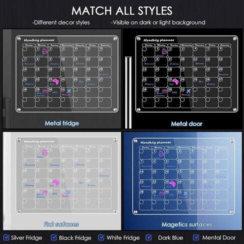 تقويم مغناطيسي أكريليك للثلاجة شهريًا وأسبوعيًا، تقويم مغناطيسي للثلاجة، مجموعتان من تقويم السبورة البيضاء الشفاف القابل لإعادة الاستخدام مقاس 16 بوصة × 12 بوصة مع 6 علامات/حامل أقلام/ممحاة/منشفة/خطاف in Kuwait