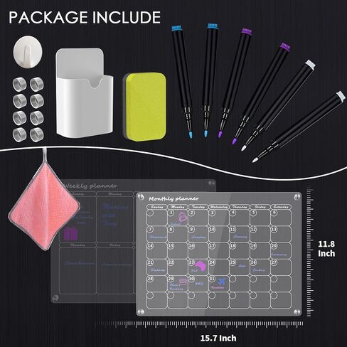 تقويم مغناطيسي أكريليك للثلاجة شهريًا وأسبوعيًا، تقويم مغناطيسي للثلاجة، مجموعتان من تقويم السبورة البيضاء الشفاف القابل لإعادة الاستخدام مقاس 16 بوصة × 12 بوصة مع 6 علامات/حامل أقلام/ممحاة/منشفة/خطاف in Kuwait