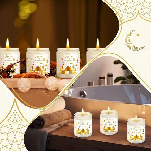 شموع رمضان مبارك 7 أونصة، شموع عيد مبارك ذهبية مع شموع الصويا المعطرة بالخط العربي، شموع هدايا إسلامية لافندر للمسلمين، شموع زجاجية للمنزل، 4 قطع (ذهب أبيض) in Kuwait