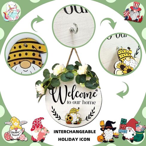 14 بوصة كبيرة قابلة للتبديل علامة ترحيب للباب الأمامي ديكور الشرفة ث / 12 أيقونات جنوم، اكاليل الخشب الموسمية زينة الباب الأمامي شنقا التماثيل، هدية هووسورمينغ in Kuwait