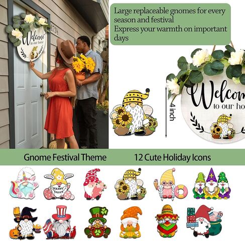 14 بوصة كبيرة قابلة للتبديل علامة ترحيب للباب الأمامي ديكور الشرفة ث / 12 أيقونات جنوم، اكاليل الخشب الموسمية زينة الباب الأمامي شنقا التماثيل، هدية هووسورمينغ in Kuwait