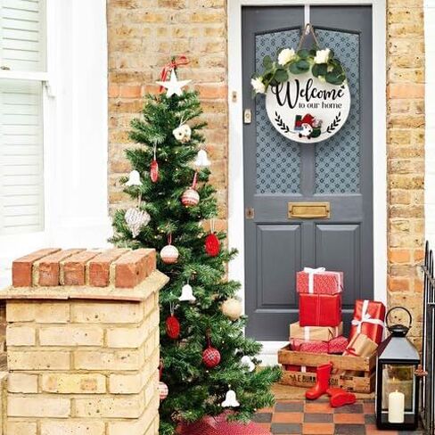 14 بوصة كبيرة قابلة للتبديل علامة ترحيب للباب الأمامي ديكور الشرفة ث / 12 أيقونات جنوم، اكاليل الخشب الموسمية زينة الباب الأمامي شنقا التماثيل، هدية هووسورمينغ in Kuwait