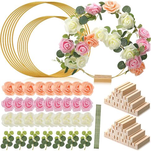 12 Set Metal Floral Hoop Centerpiece for Table 24 Gold Metal Rings 12 Wood Holder Stands 36 Flowers and Eucalyptus Leaves Gold Wreath Hoop for Wedding and DIY Home Decorations, 8 Inch, 10 Inch in Saudi Arabia