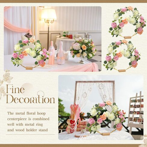 12 Set Metal Floral Hoop Centerpiece for Table 24 Gold Metal Rings 12 Wood Holder Stands 36 Flowers and Eucalyptus Leaves Gold Wreath Hoop for Wedding and DIY Home Decorations, 8 Inch, 10 Inch in Saudi Arabia