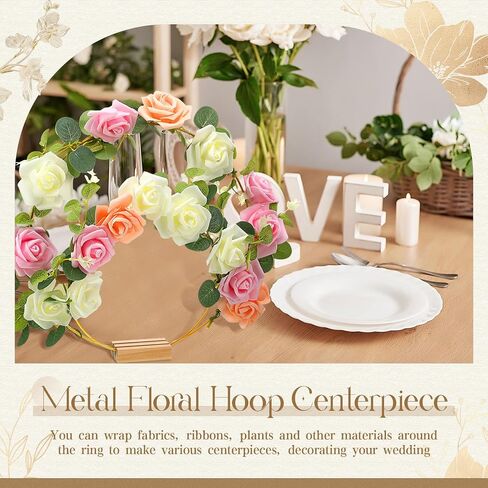 12 Set Metal Floral Hoop Centerpiece for Table 24 Gold Metal Rings 12 Wood Holder Stands 36 Flowers and Eucalyptus Leaves Gold Wreath Hoop for Wedding and DIY Home Decorations, 8 Inch, 10 Inch in Saudi Arabia