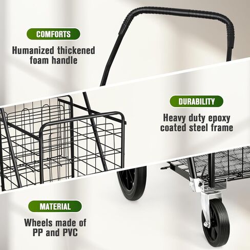 عربة تسوق قابلة للطي بعجلات للبقالة، عربة تسوق قابلة للطي مع عجلات دوارة 360 درجة، عربة تسوق قابلة للطي تحمل ما يصل إلى 70 لتر/كحد أقصى 110 رطل لعربات تخزين المطبخ وعربات المرافق in Kuwait