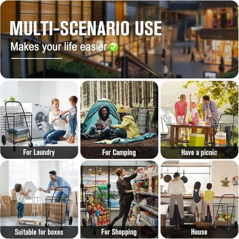 عربة تسوق قابلة للطي بعجلات للبقالة، عربة تسوق قابلة للطي مع عجلات دوارة 360 درجة، عربة تسوق قابلة للطي تحمل ما يصل إلى 70 لتر/كحد أقصى 110 رطل لعربات تخزين المطبخ وعربات المرافق in Kuwait