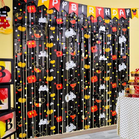 لوازم حفلات أعياد الميلاد ميكي، قطعتان من ستائر ميكي ذات شراشيب من رقائق معدنية، أنماط فأر كرتوني، كشك صور دعامة خلفية غاسل، ديكورات حفلات عيد ميلاد ميكي، ديكور غرفة للأطفال in Kuwait