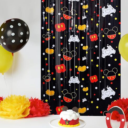 لوازم حفلات أعياد الميلاد ميكي، قطعتان من ستائر ميكي ذات شراشيب من رقائق معدنية، أنماط فأر كرتوني، كشك صور دعامة خلفية غاسل، ديكورات حفلات عيد ميلاد ميكي، ديكور غرفة للأطفال in Kuwait
