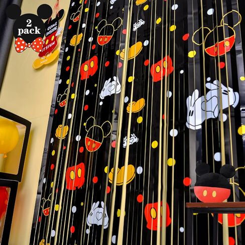 لوازم حفلات أعياد الميلاد ميكي، قطعتان من ستائر ميكي ذات شراشيب من رقائق معدنية، أنماط فأر كرتوني، كشك صور دعامة خلفية غاسل، ديكورات حفلات عيد ميلاد ميكي، ديكور غرفة للأطفال in Kuwait