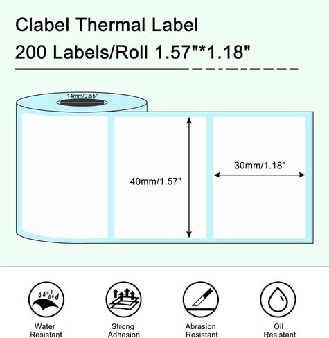 ملصق حراري CLABEL لصانع الملصقات 220B/221B/230B، ملصقات لاصقة مقاس 1.57 بوصة × 1.18 بوصة (40 × 30 مم)، مقاومة للماء، ومقاومة للزيوت، ومضادة للاحتكاك، 200 ملصق/لفة، 6 لفات (أسود على أبيض)، UPS، شوبيفي in Kuwait