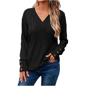 Women's Autumn and Winter Long Sleeve V Neck Shirt Solid Color Button Up T Shirt Fleece Lined Pullover Sweater