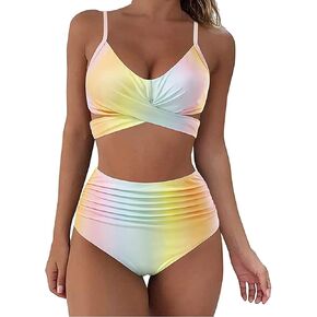 Women 2 Piece Cross Strap High Waisted Printed Split Bikini Tummy Control Bathing Suit Wrap Tie Back Swimsuit