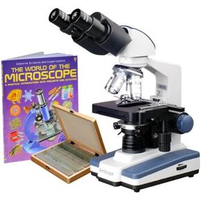 AmScope B120C-BK-PS100 40X-2500X LED Lab Binocular Compound Microscope with Double Layer Mechanical Stage + Book + 100 Prepared Slides