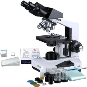 AmScope B490B-BS-50P-S Compound Binocular Microscope, WF10x and WF20x Eyepieces, 40X-2000X Magnification, Brightfield, Halogen Illumination, Abbe Condenser, Double-Layer Mechanical Stage, Sliding Head, High-Resolution Optics, Anti-Mold, Includes 50 Blank 