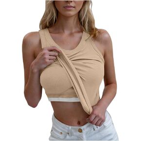Ribbed Tank Tops for Women with Built in Bra Racerback Sleeveless Camisole Crewneck Slim Fit Chest Pad Tanks