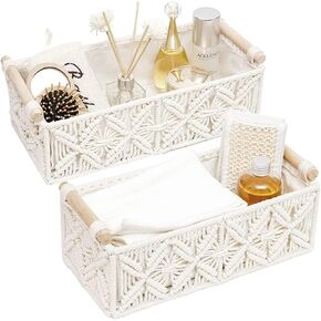 Macrame Storage Basket Tray - Cotton Lined Boho Decor Hamper with Wooden Handle for Gifts, Events, Parties, Bedroom, Bathroom, Home Decoration - Of-White - (Set of 2)